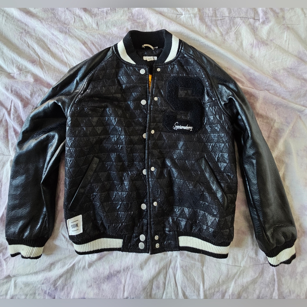 SUPREME BEING pleather leather varsity bomber jacket satin lining pockets button